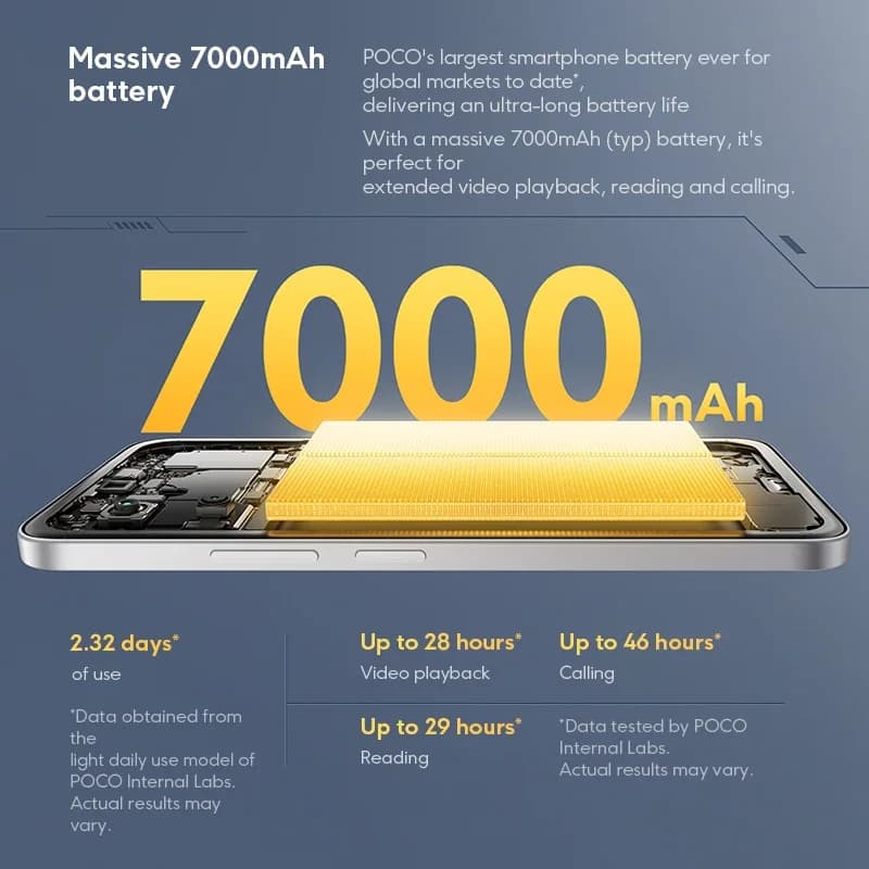 Bateria de 7000mAh do smartphone Xiaomi POCO M7 para longa duração em chamadas e reprodução de vídeo