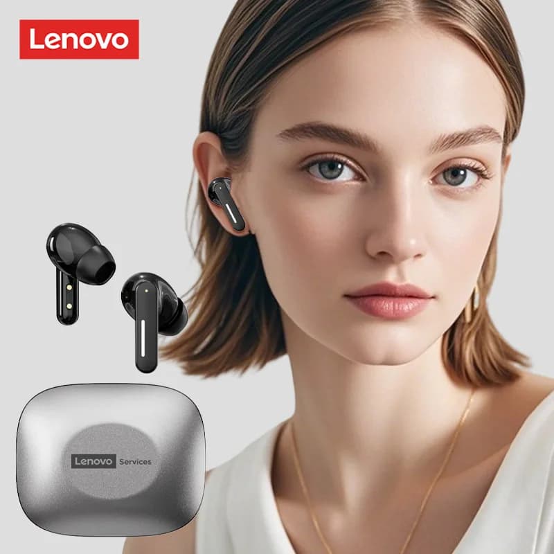 Fones de ouvido sem fio Lenovo LE209 em mulher, preto com detalhes prateados e estojo de carregamento cinza.