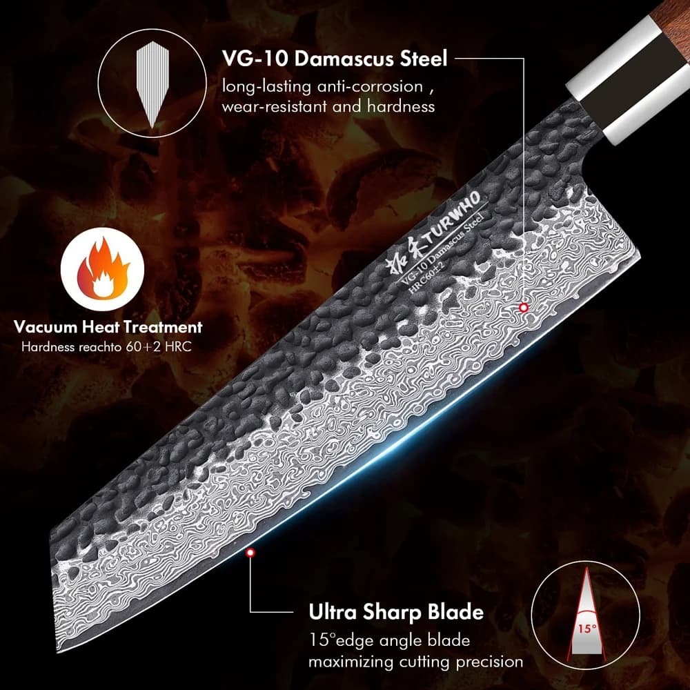 Lâmina ultra afiada da faca Turwho Kiritsuke em aço damasco VG-10 com tratamento térmico a vácuo