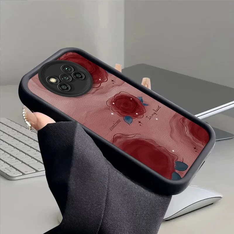 Capa silicone para Poco Xiaomi Mi com estampa de rosas vermelhas e borda preta resistente