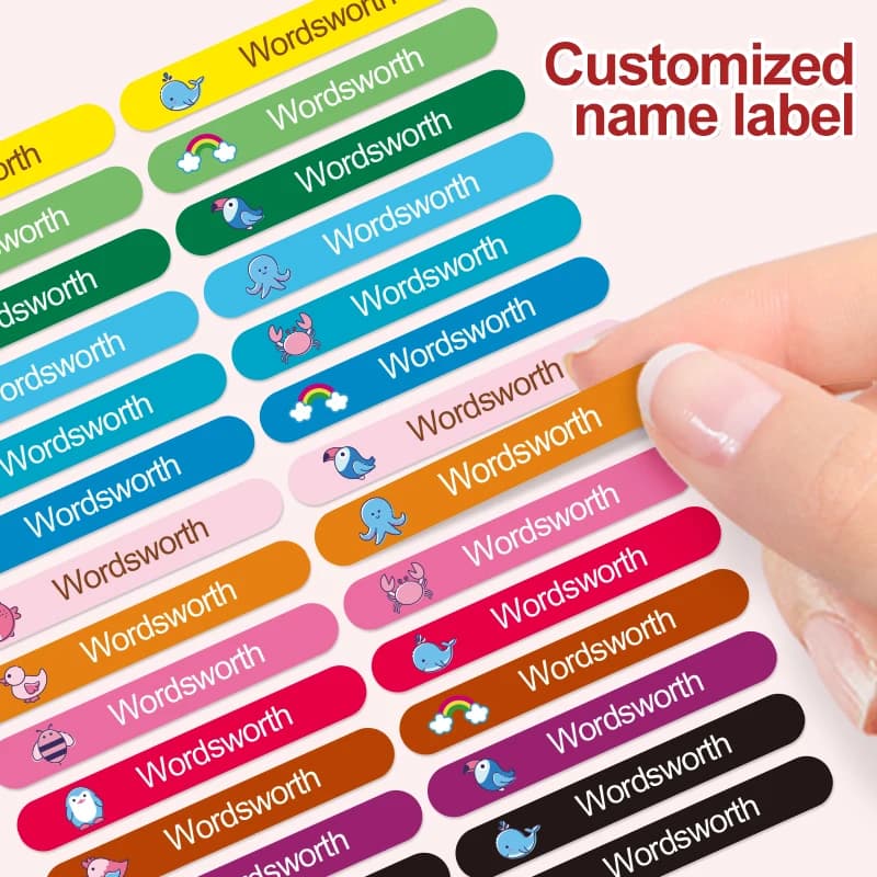 Adesivos com nome personalizáveis para bebidas e artigos de papelaria infantis - Etiquetas personalizadas à prova d'água com adesivo ecológico