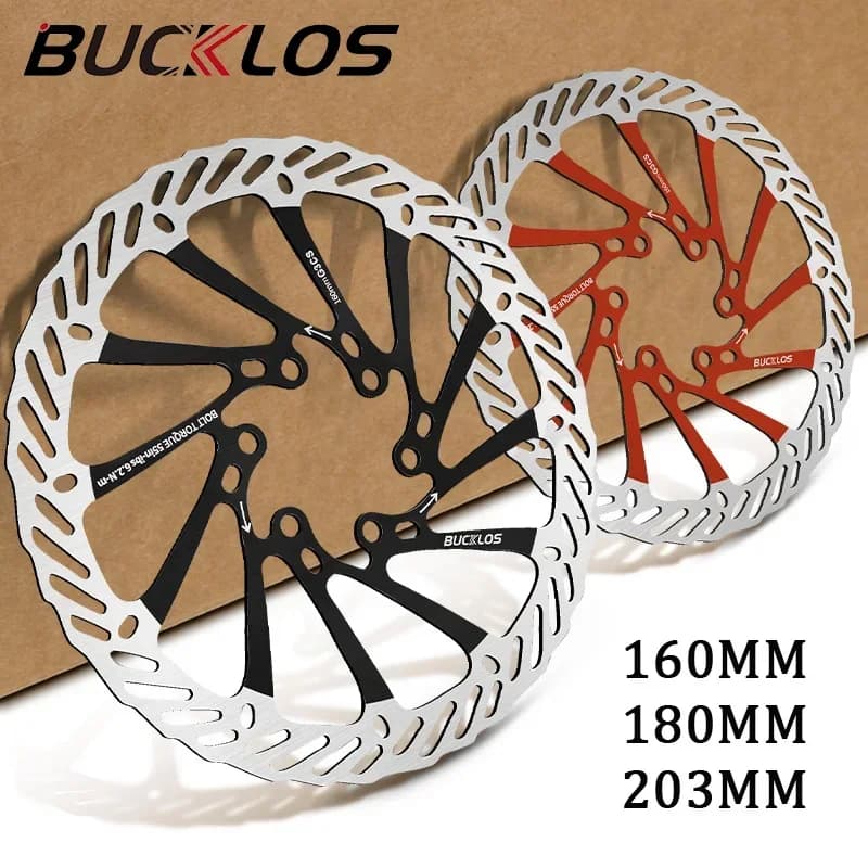 Disco de freio para bicicleta Bucklos 160mm e 180mm, preto e vermelho, fundo marrom