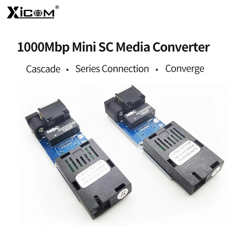 Kit conversor de mídia óptica Mini SC Gigabit monomodo simplex com placas azul e preta lado superior