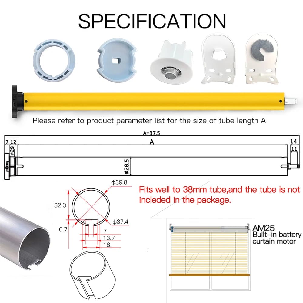 Motor de cortina inteligente Tuya com especificações técnicas e acessórios para tubo de 38mm