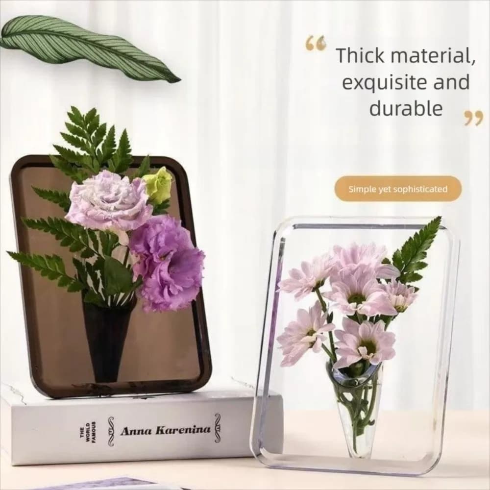 Vaso acrílico decorativo espesso e durável com flores roxas e verdes em moldura transparente e fumê