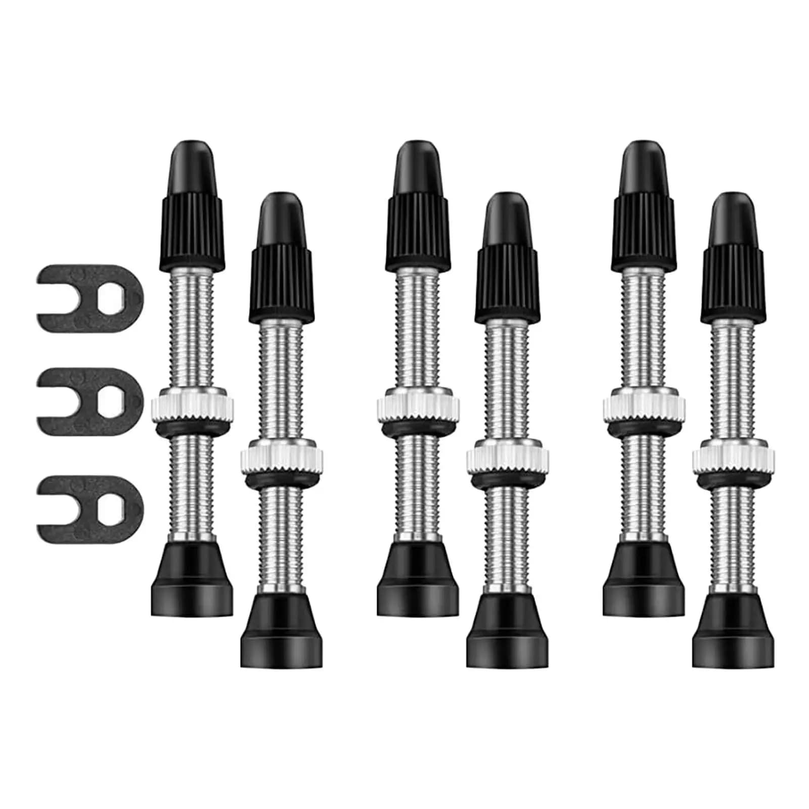 Kit válvula Presta tubeless 6 peças preto e prata com vedação para bicicletas MTB e estrada