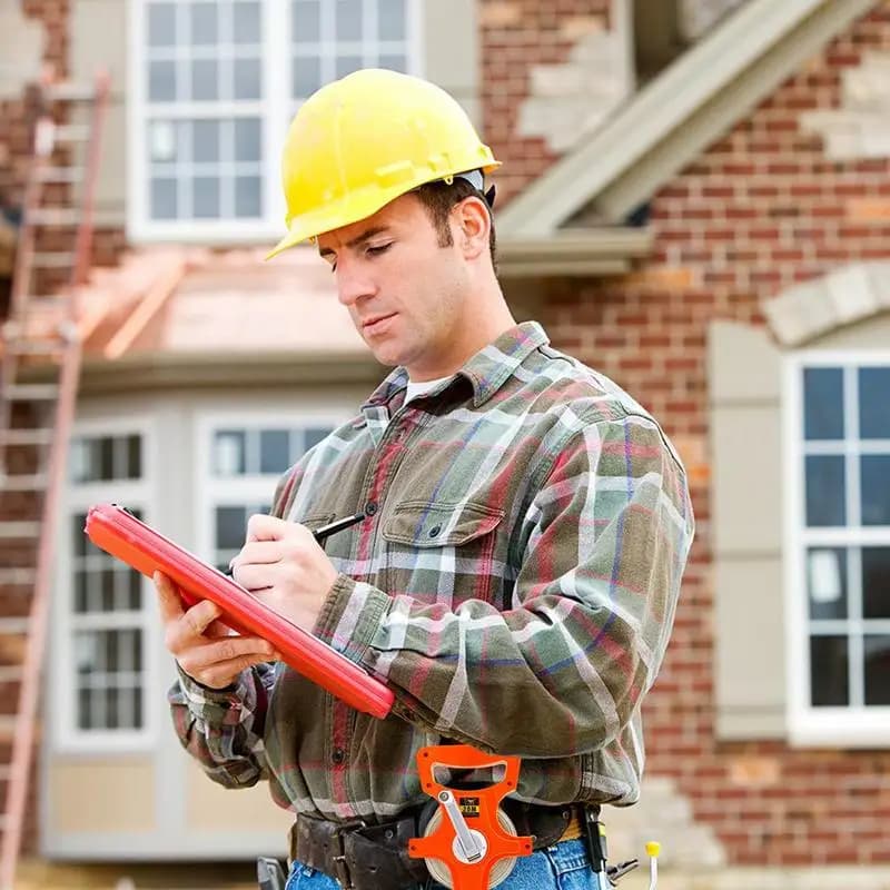 Trabalhador com capacete amarelo usando fita métrica com carretel laranja de fibra de vidro 20m presa no cinto