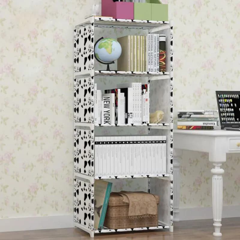 Estante moderna rosa com pontos brancos, estante de livros com livros e globo na estante, decoração de interiores.