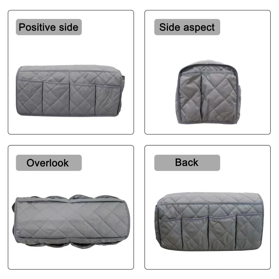Organizador de braço de sofá cinza com 5 bolsos, vista frontal, lateral, superior e traseira