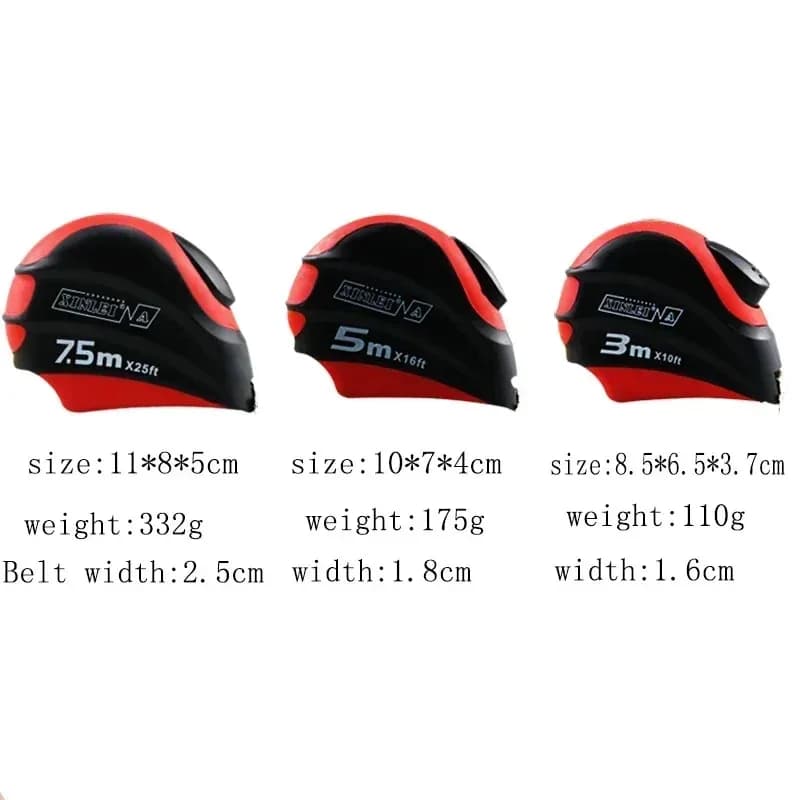 Fitas métricas XUSOLET 7.5m, 5m e 3m com design preto e vermelho e marca visível