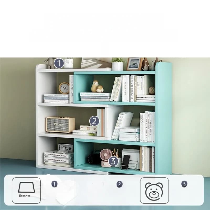 Estante de livros multicamadas azul claro com 3 prateleiras destacando espaços para livros e decoração