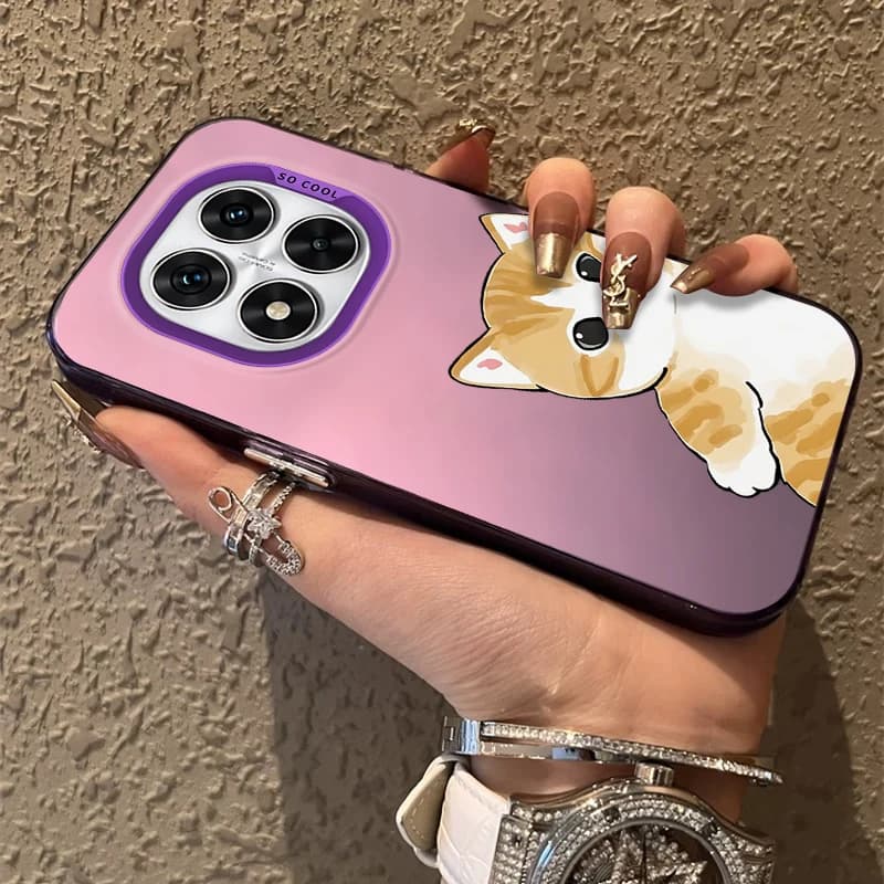 Capa acrílica rosa fosca para Xiaomi Redmi Note 14 com estampa de gato laranja Mofusand