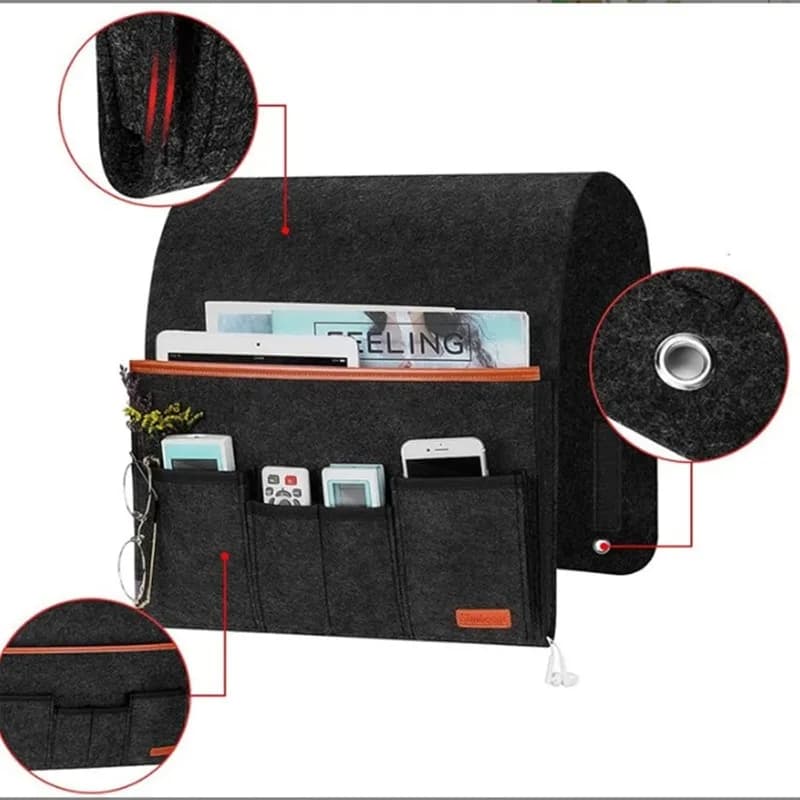 Bolsa organizadora preta em feltro com bolsos para controle remoto e acessórios, detalhe costura e ilhós