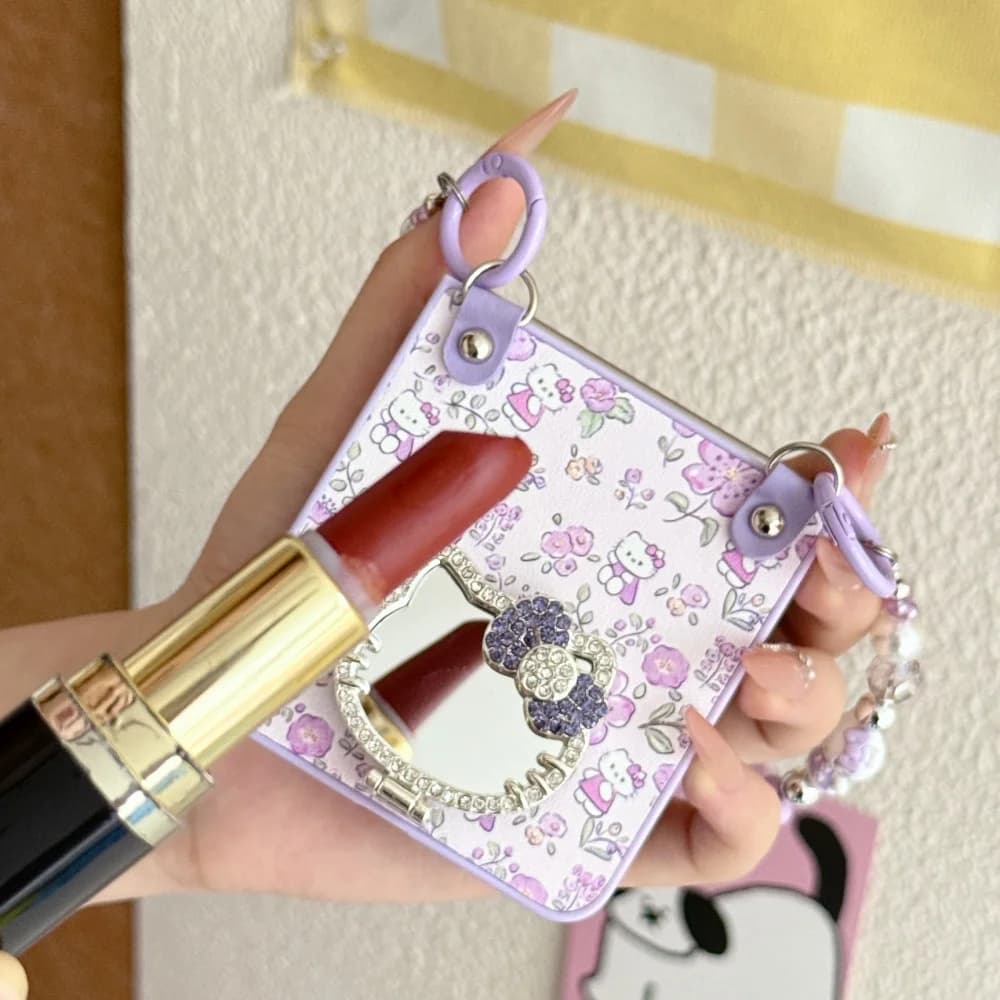 Capa rosa Hello Kitty para Samsung Galaxy Z Flip com espelho decorativo e corrente de miçangas delicadas