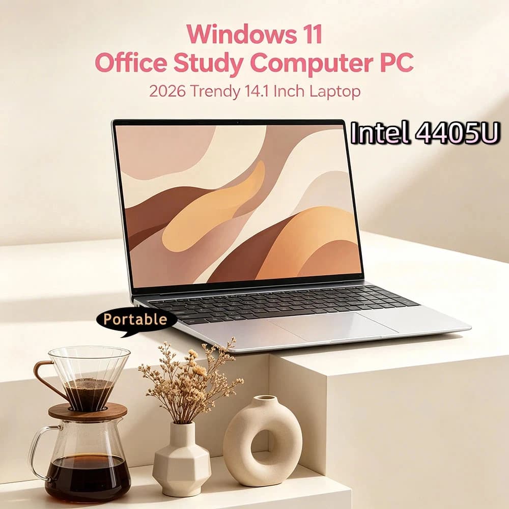 Notebook ultra fino de 14.1 polegadas com Intel 4405U, teclado e trackpad visíveis, contra fundo claro.