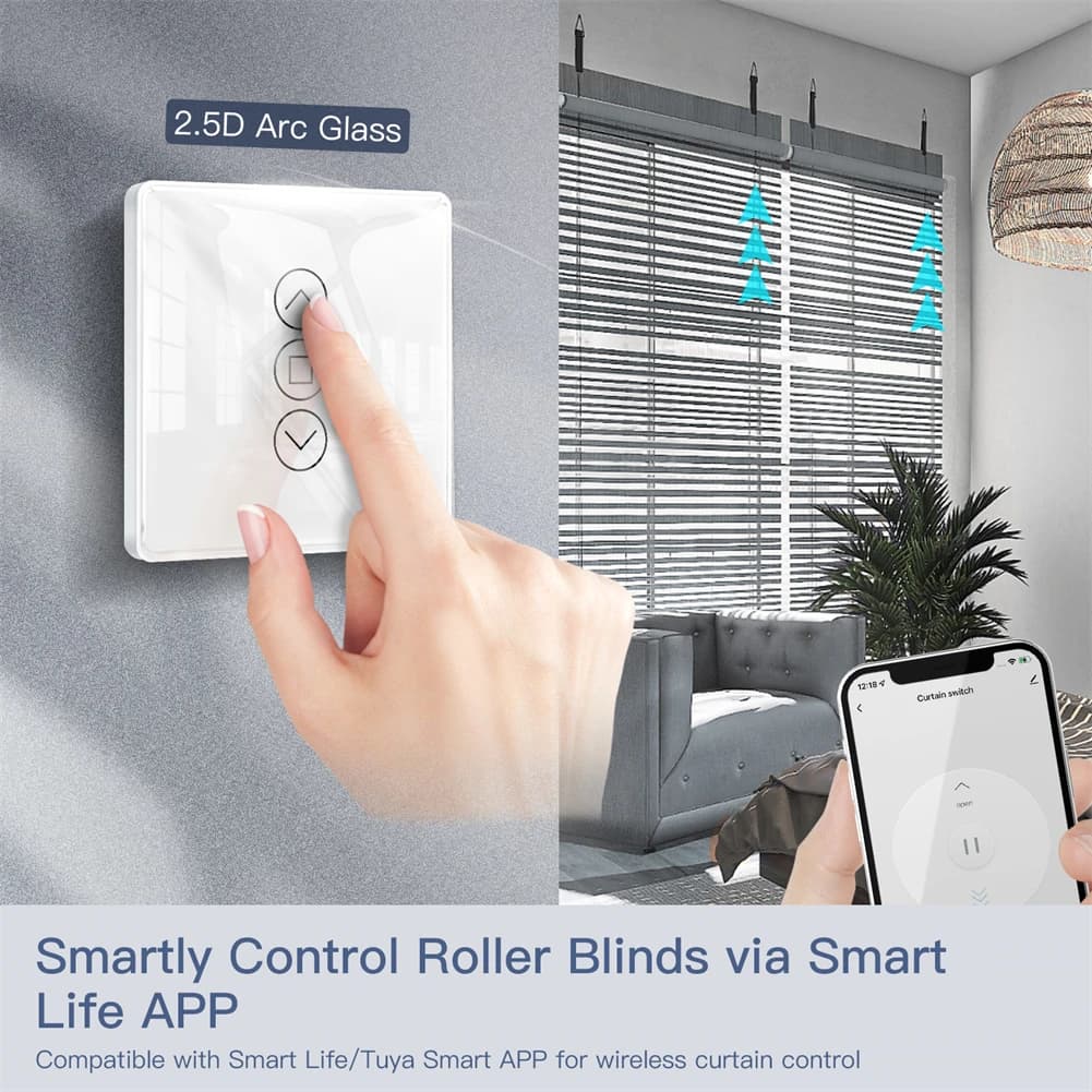 Interruptor de cortina Moes branco com vidro 2.5D arc toque, controle via app Smart Life