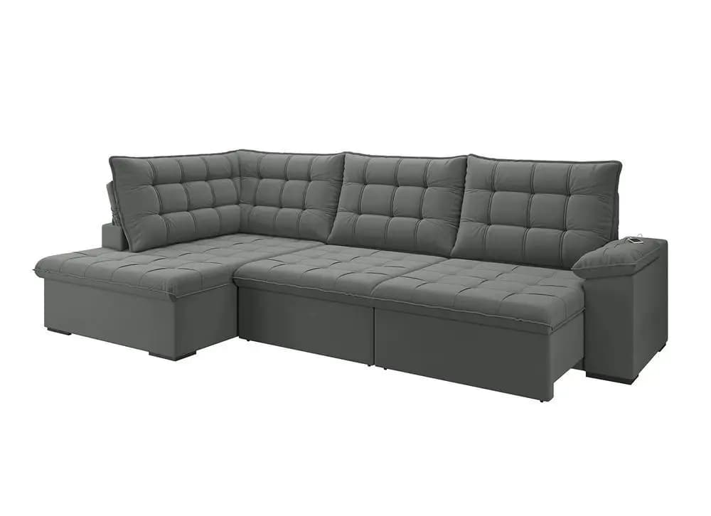 Sofá de canto cinza com 6 lugares reclinável e retrátil em suede veludo