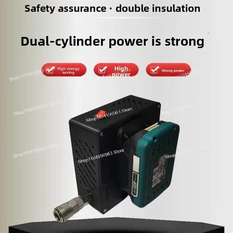 Mini compressor portátil de cilindro duplo preto e cinza com mangueira de mola para marcenaria