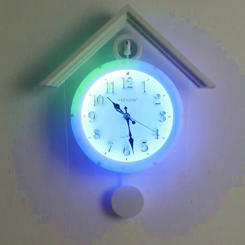 Relógio de parede luminoso em forma de cuco com LED e mostrador preto
