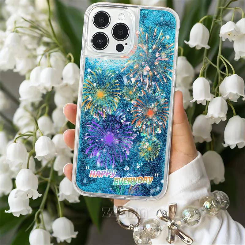 Capa azul com glitter líquido e estampa de fogos de artifício para iPhone 11 e Xiaomi