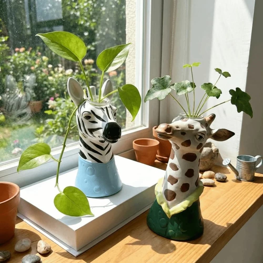 Vasos decorativos infantis girafa marrom e branco e zebra preto e branco em janela iluminada