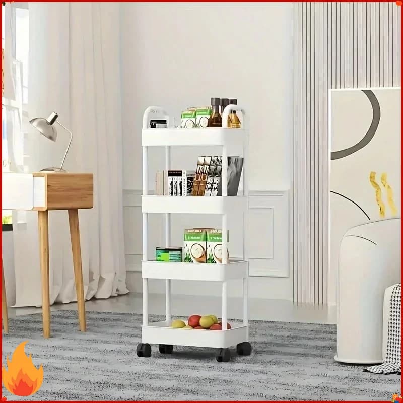 Carrinho de armazenamento multifuncional branco com prateleiras abertas, ideal para cozinha, quarto e sala de estar.