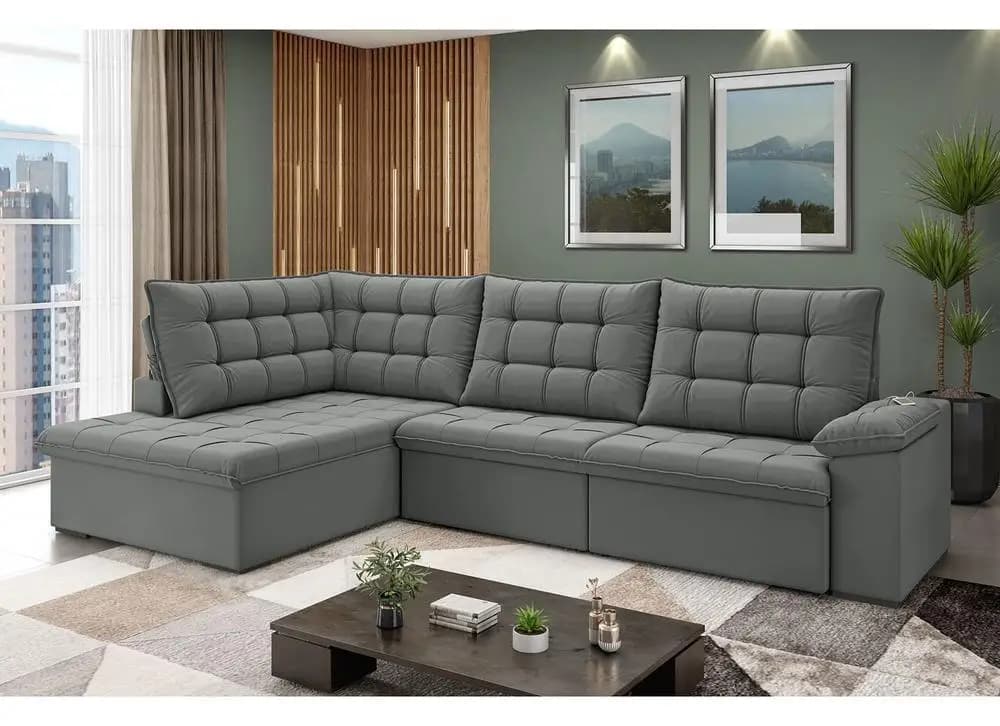 Sofá de canto cinza com 6 lugares reclinável e retrátil em suede veludo
