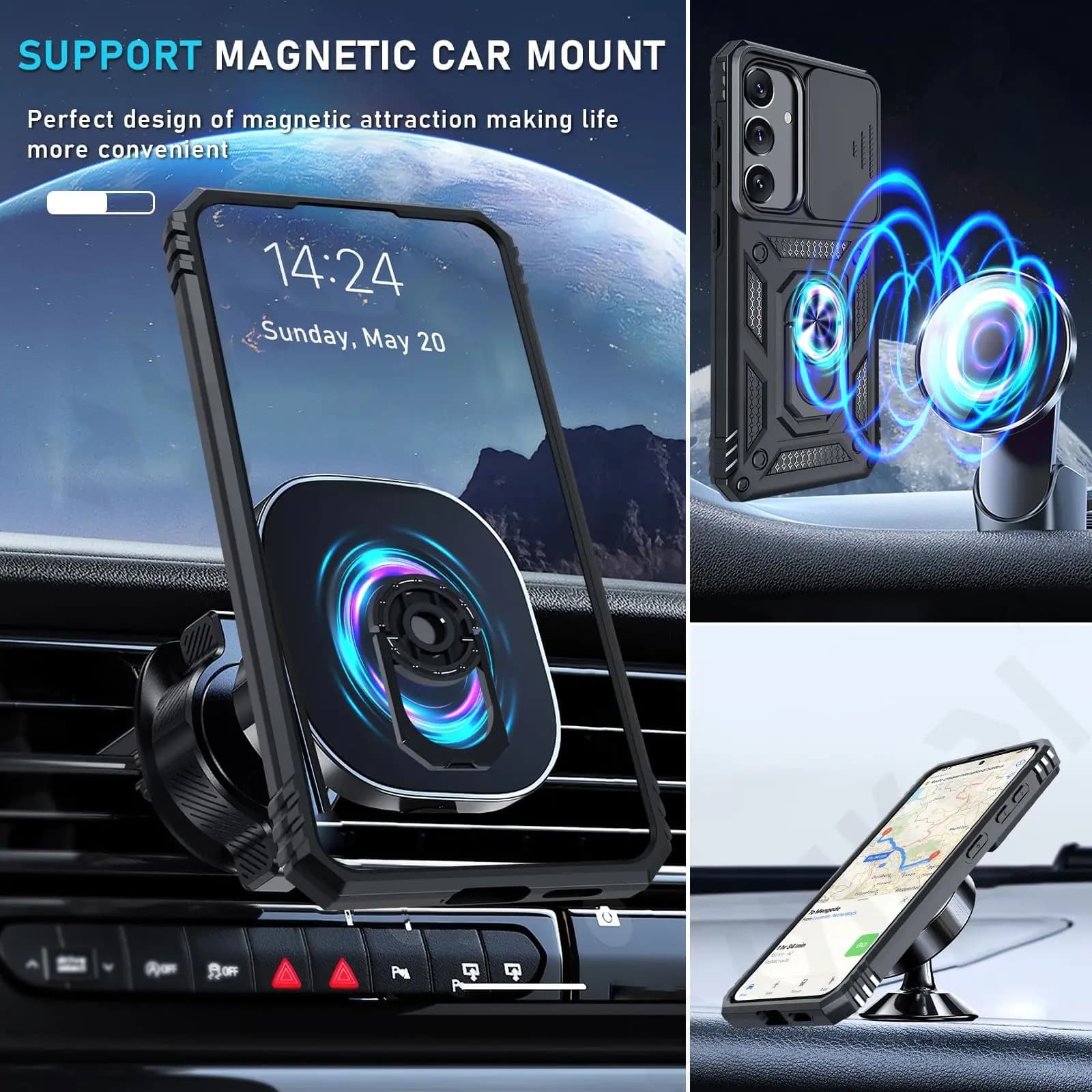 Capa preta para Samsung Galaxy com suporte magnético para montagem em carro e tampa deslizante