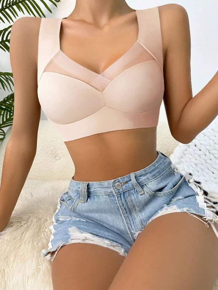 Sutiã sem costura plus size rosa claro com suporte confortável e detalhes em tule