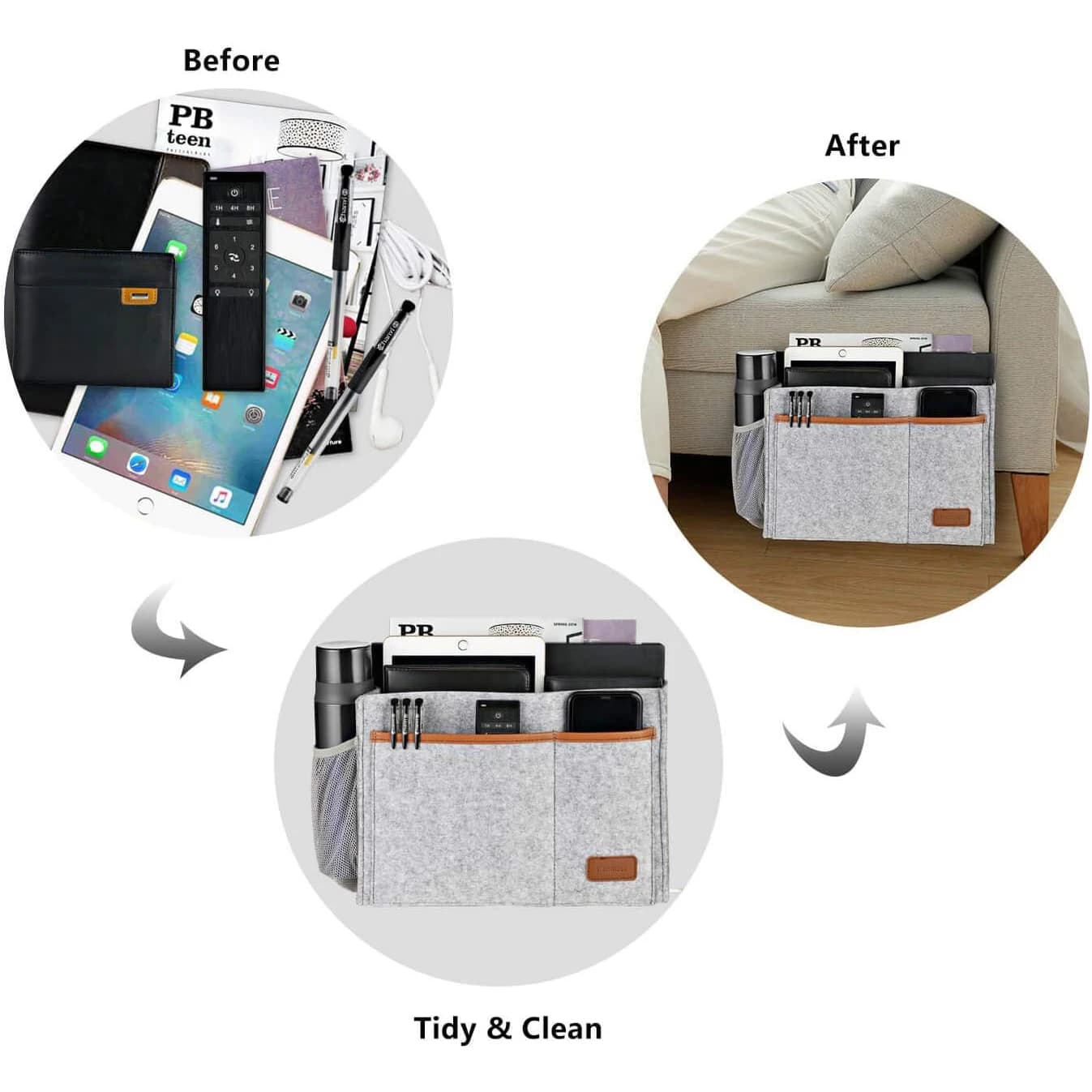 Comparação antes e depois da organização com o organizador de cama cinza em feltro, mostrando ambiente mais limpo e arrumado