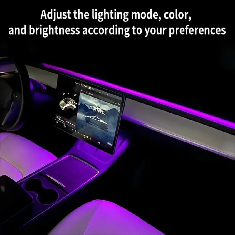 Para tesla modelo 3 y painel de instrumentos luz ambiente carregamento sem fio led atmosfera luz controle app tiras led iluminação néon