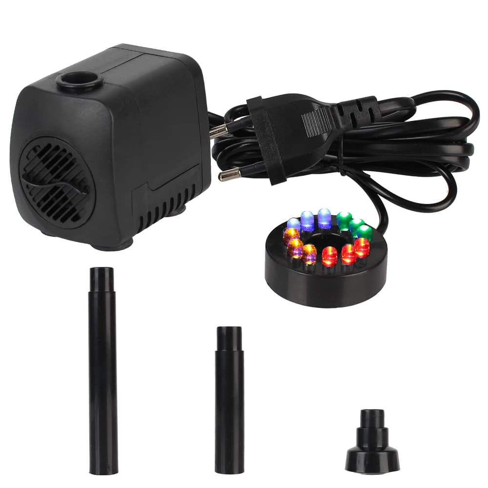 Bomba de água preta com acessórios tubos e luz LED colorida para fonte e aquário