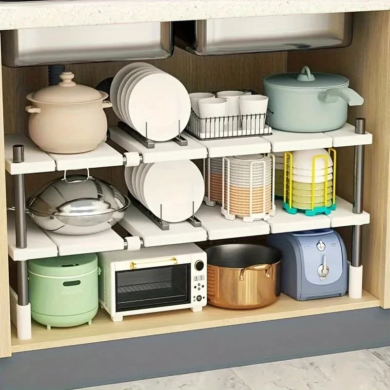 Prateleira ajustável para armazenamento sob a pia, organizador expansível para armários de cozinha e banheiro, suporte durável para panelas de várias camadas que economiza espaço.