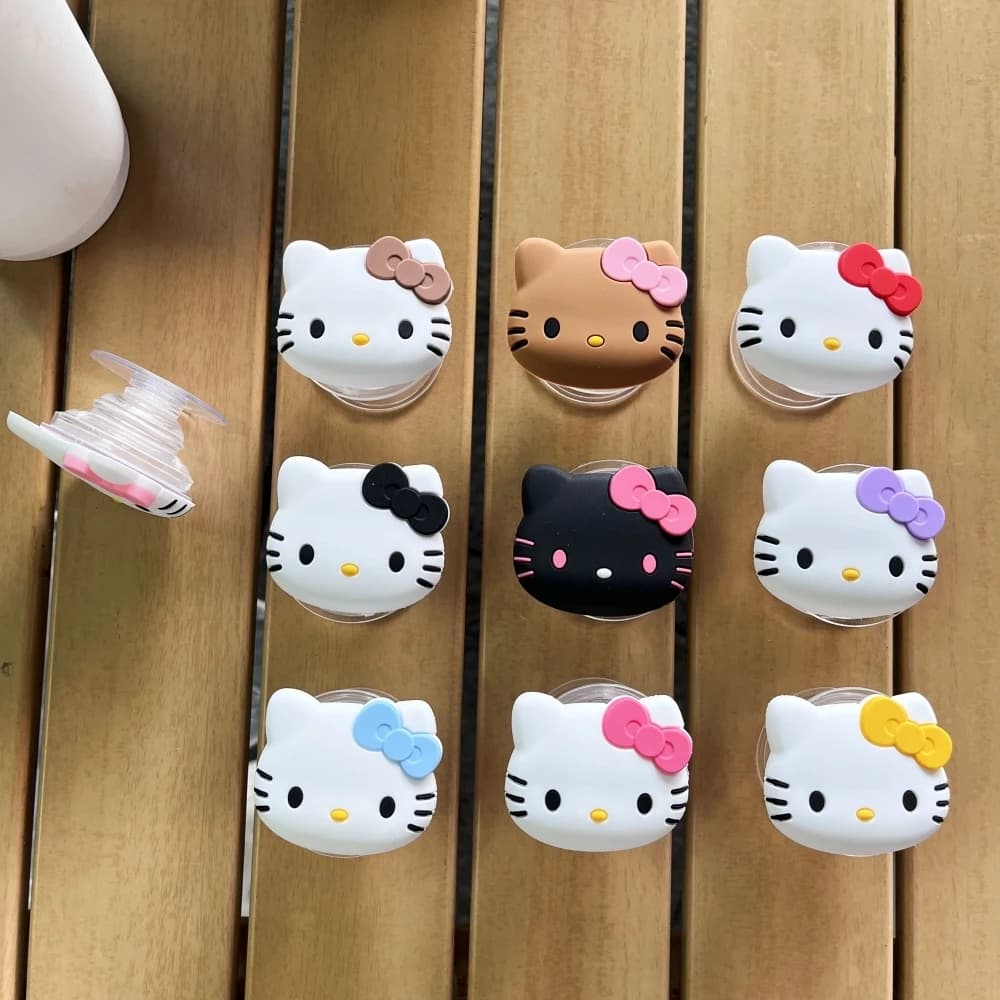 Suportes de dedo para celular Sanrio Hello Kitty adesivos coloridos em madeira clara