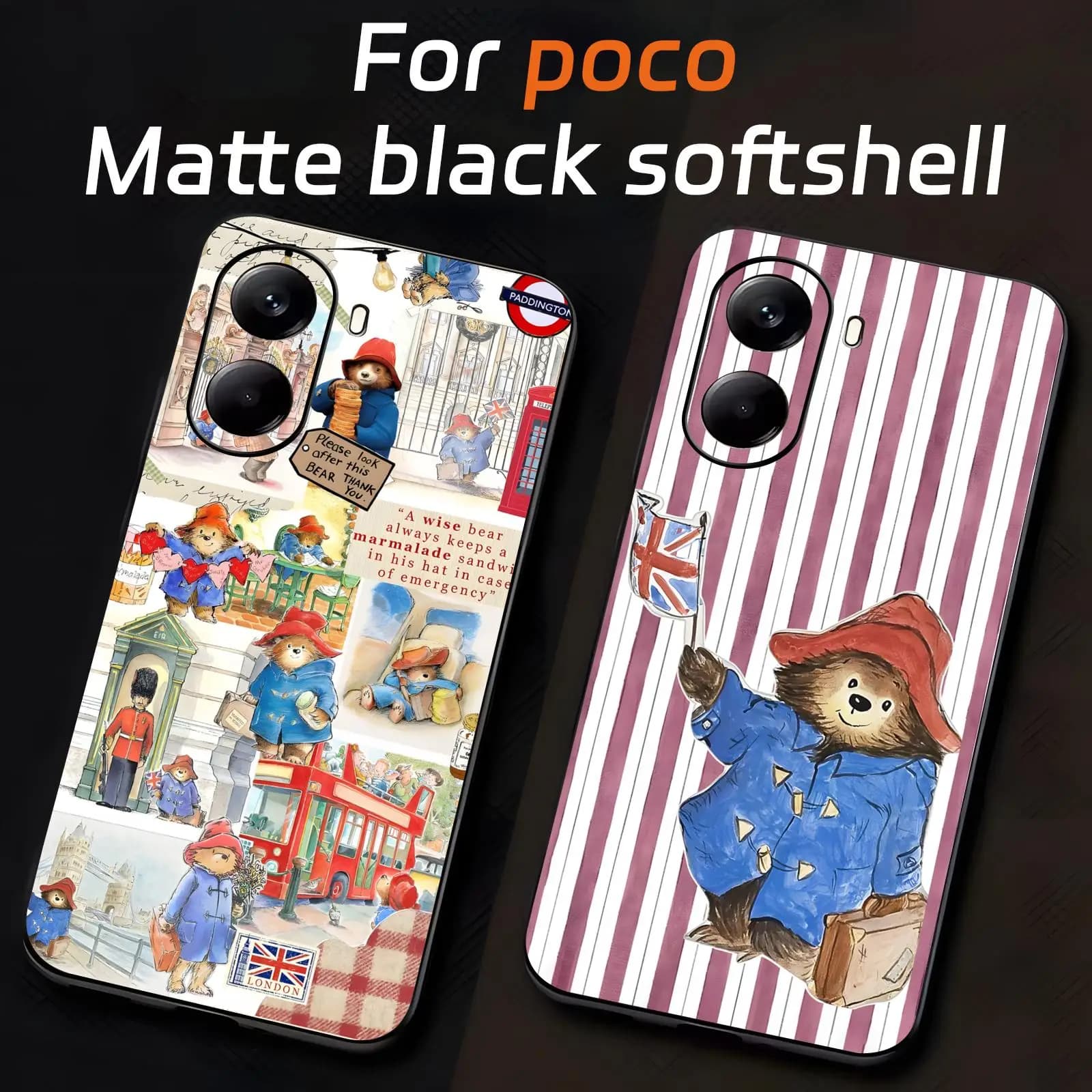 Capa de telefone P-Paddington Bear para Xiaomi POCO, estampa colorida com ilustrações de Londres e Paddington Bear, macia e à prova de choque.
