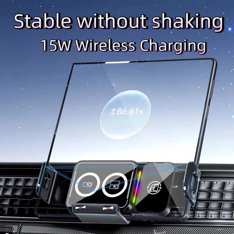 Suporte veicular universal preto com carregamento wireless 15W estável para smartphones Samsung e iPhone