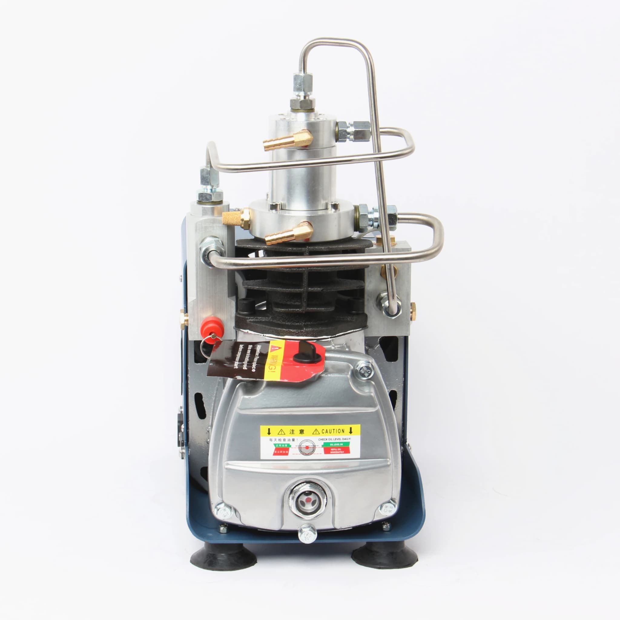 Compressor de ar elétrico YONG HENG AUTO PCP azul 110V vista frontal com componentes metálicos