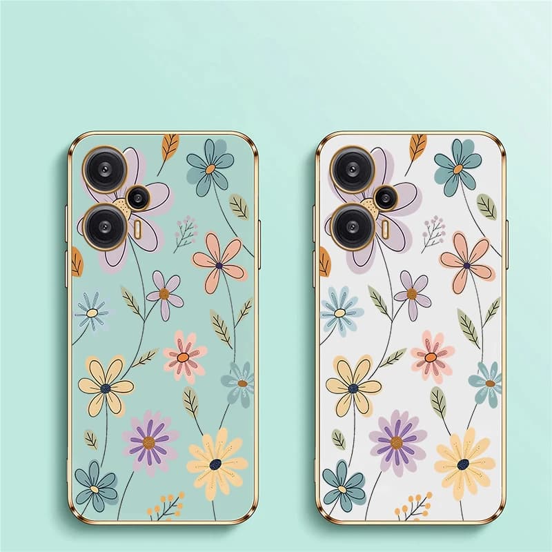 Capas de silicone verde claro e branca com bordas douradas e estampa floral para Xiaomi Poco F8 Ultra F6 Pro F5 F3 C40 C31