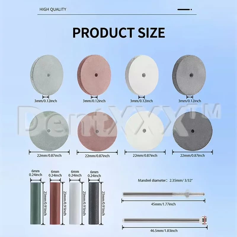 Dimensões do kit de rebolos de polimento 45 peças com haste 2,35mm em silicone colorido