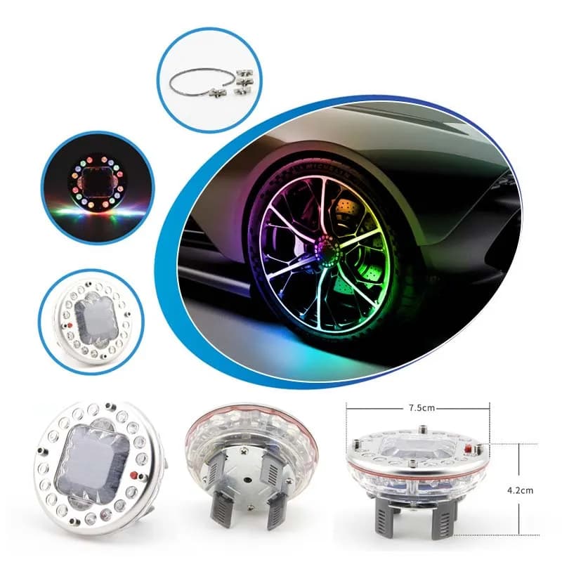 Luz LED RGB para roda de carro com controle remoto, dimensões e acessórios para instalação em rodas automotivas