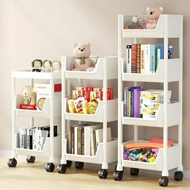 Estantes brancas com rodas para armazenamento de livros e brinquedos