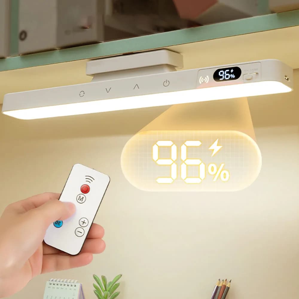 Luminária de mesa touch magnética com bateria recarregável integrada e controle remoto.