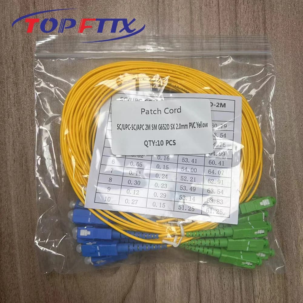 Kit 10 cabos de remendo fibra óptica OS2 SC/UPC SC/APC simplex 2m amarelo com conectores verdes e azuis
