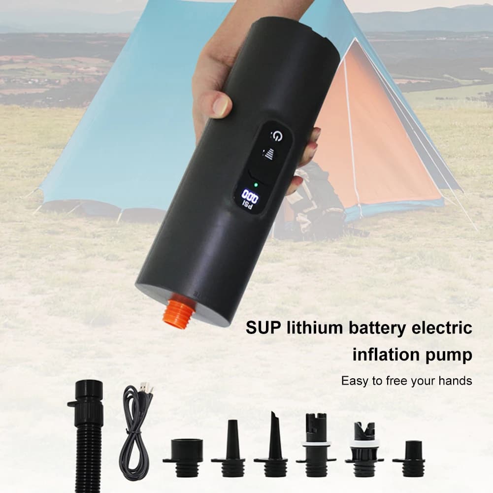 Bomba elétrica portátil preta para stand up paddle com tela digital e kit completo de adaptadores