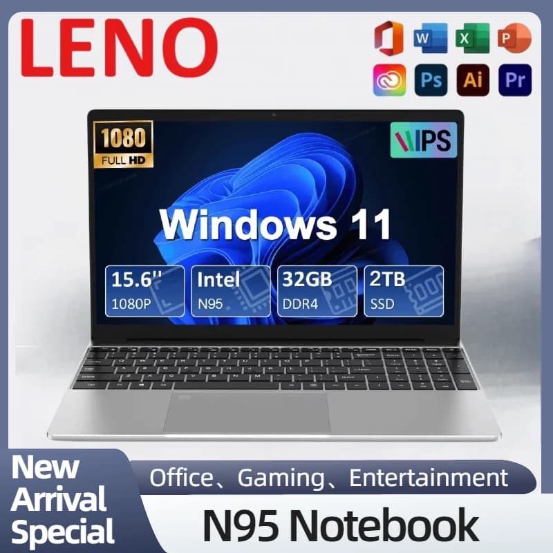 Notebook Lenovo N95, 15.6 polegadas, Intel N95, 32GB RAM DDR4, 2TB SSD, Windows 11, teclado retroiluminado