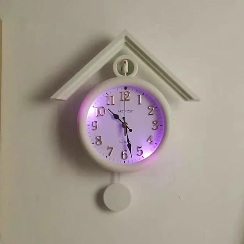 Relógio de parede luminoso em forma de cuco com LED e mostrador preto