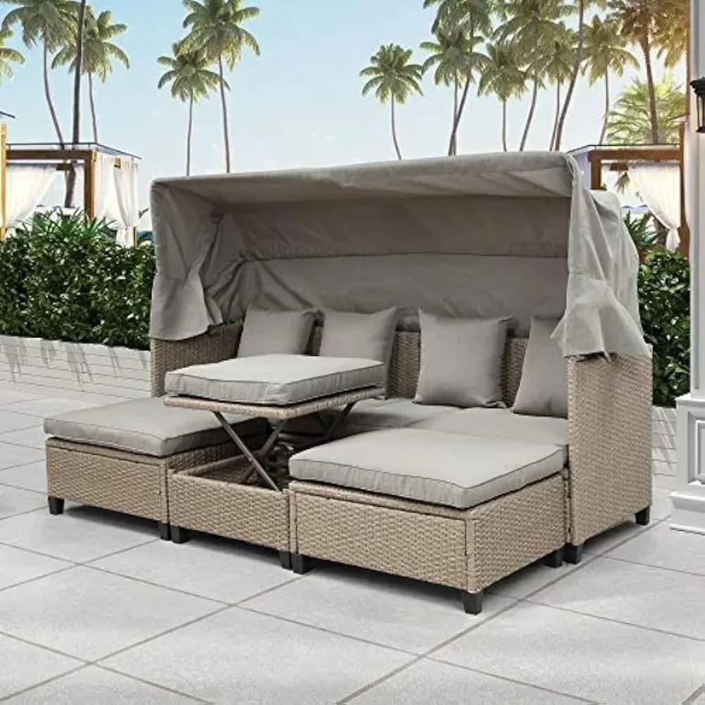 Conjunto de móveis de pátio com dossel retrátil e mesa de elevação, sofá secional externo de vime com almofadas