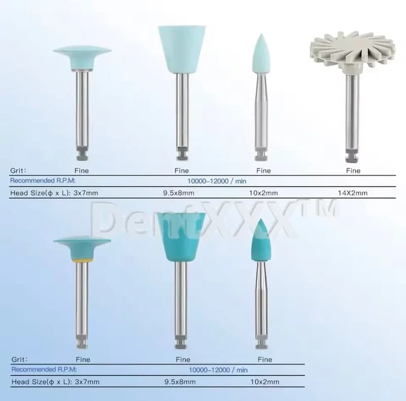 Detalhes técnicos do kit de polimento para unhas com 14 peças azul e cinza para resina e porcelana
