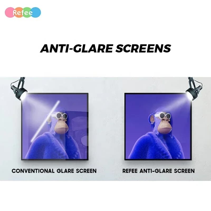 Comparação de monitores com telas anti-reflexo e convencional mostrando redução de reflexos.