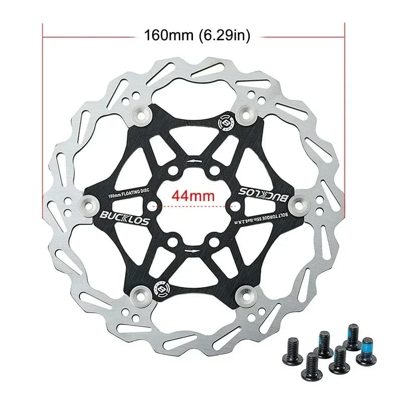 Rotor de freio de bicicleta Bucklos floating disc 160mm preto e prata com parafusos